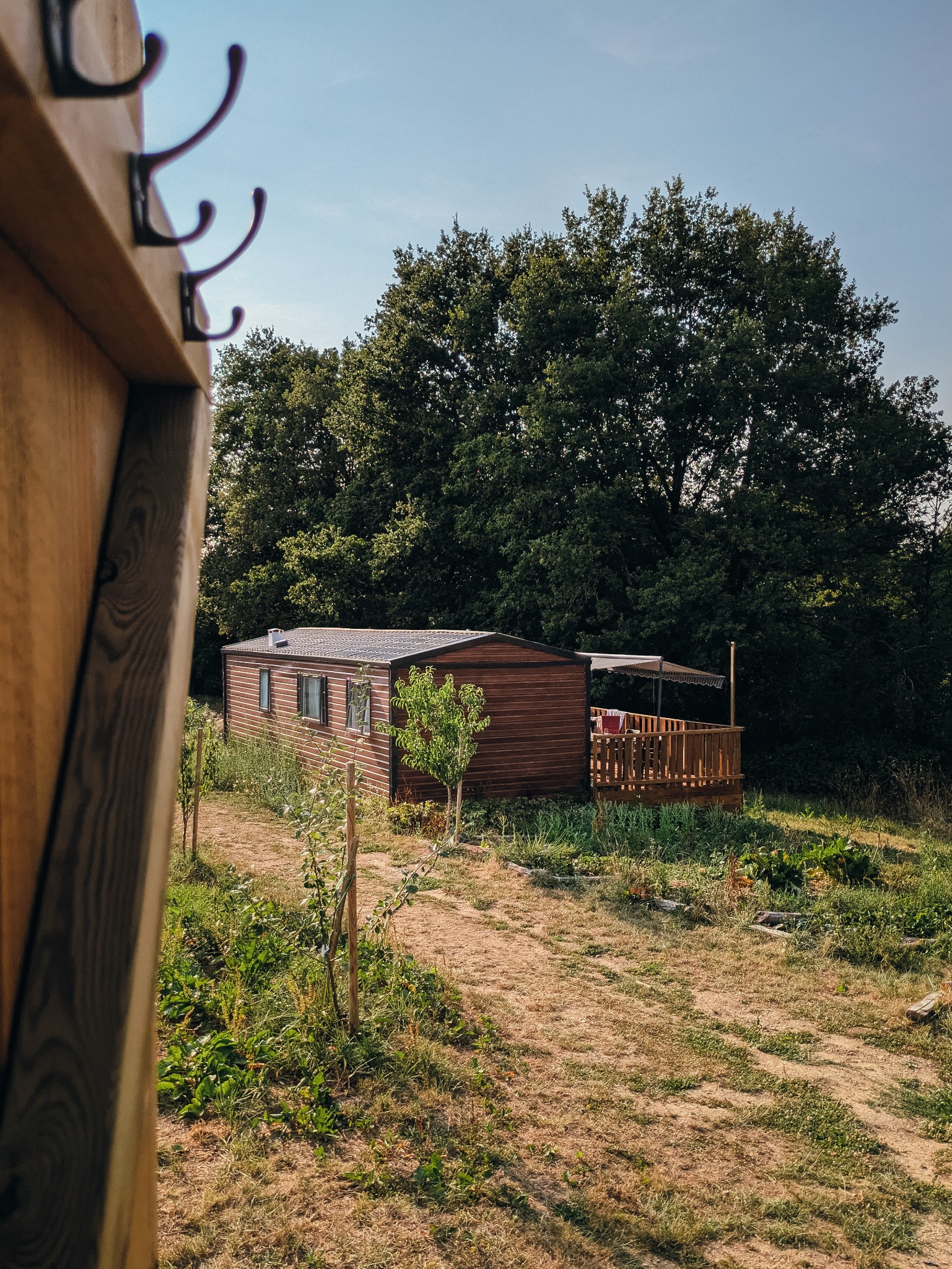 Vue extérieure du mobil-home nature depuis le domaine
