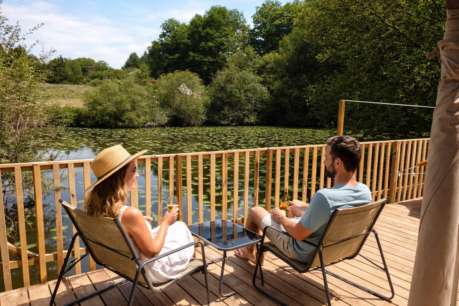 Couple profitant d’une terrasse avec vue sur l’étang